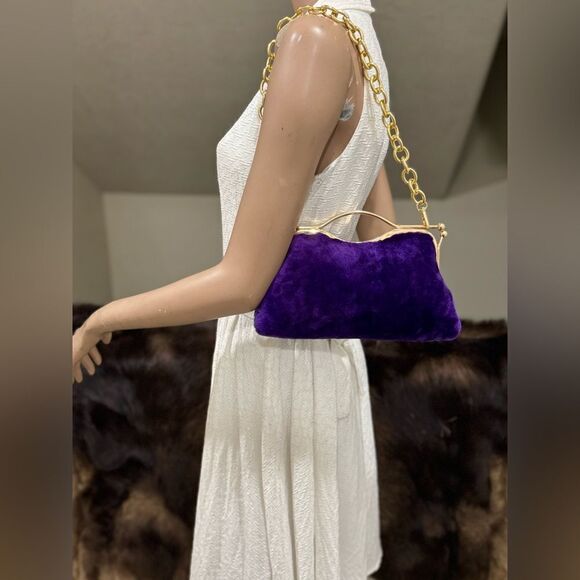 Purple Real Shearling Leather Double Kisslock & Top Handle Clutch with 2 Straps - Picture 3 of 16